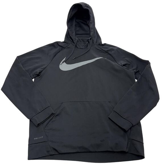 Nike Dri-FIT Hoodie Mens Large Black Gray Carbon Swoosh Sweatshirt 823086-010 - Picture 1 of 7